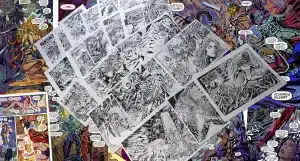 Collage of original black-and-white comic book artwork pages from The Realm Ethereal surrounded by finished full-color comic pages, showcasing the evolution of creator-owned fantasy comic art by Rene Arreola.