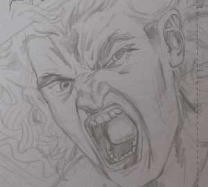 Pencil drawing close-up of Kor from The Realm Ethereal: The Sky Dreamers Page 13.